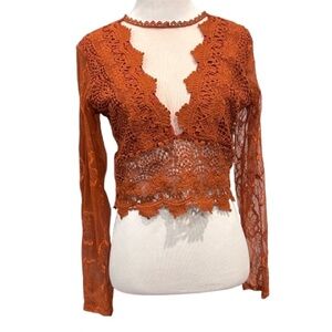 Y2K Sheer Mesh Crochet Crop Top Brown Lace Zip Up Boho Fairy Grunge Size S/M